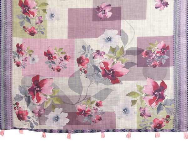Lavender Floral Linen Cotton Saree with Elegant Blue Border