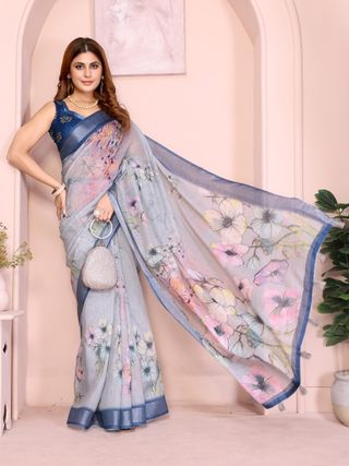 Sky Blue Floral Linen Cotton Saree with Elegant Blue Border