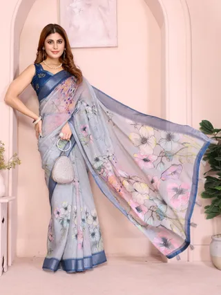 Sky Blue Floral Linen Cotton Saree with Elegant Blue Border