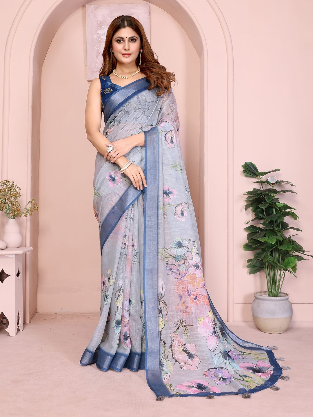 Sky Blue Floral Linen Cotton Saree with Elegant Blue Border
