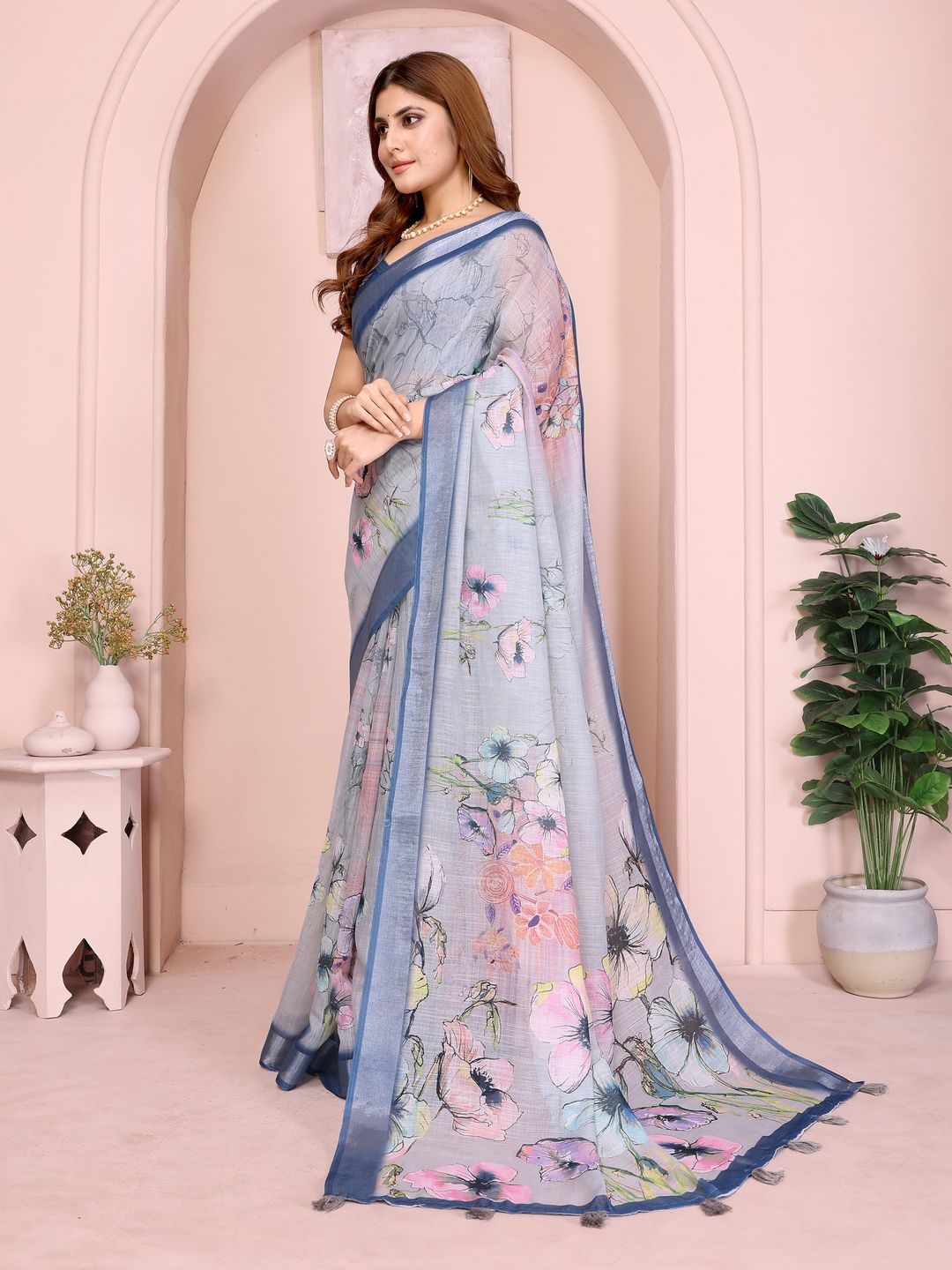 Sky Blue Floral Linen Cotton Saree with Elegant Blue Border