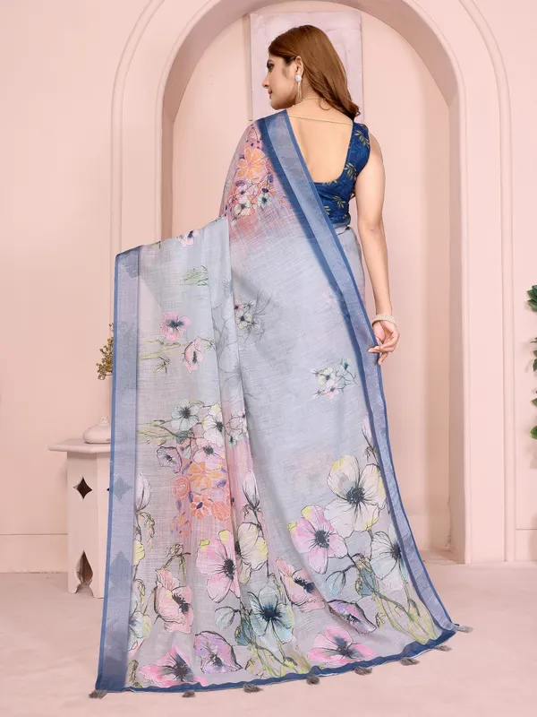Sky Blue Floral Linen Cotton Saree with Elegant Blue Border