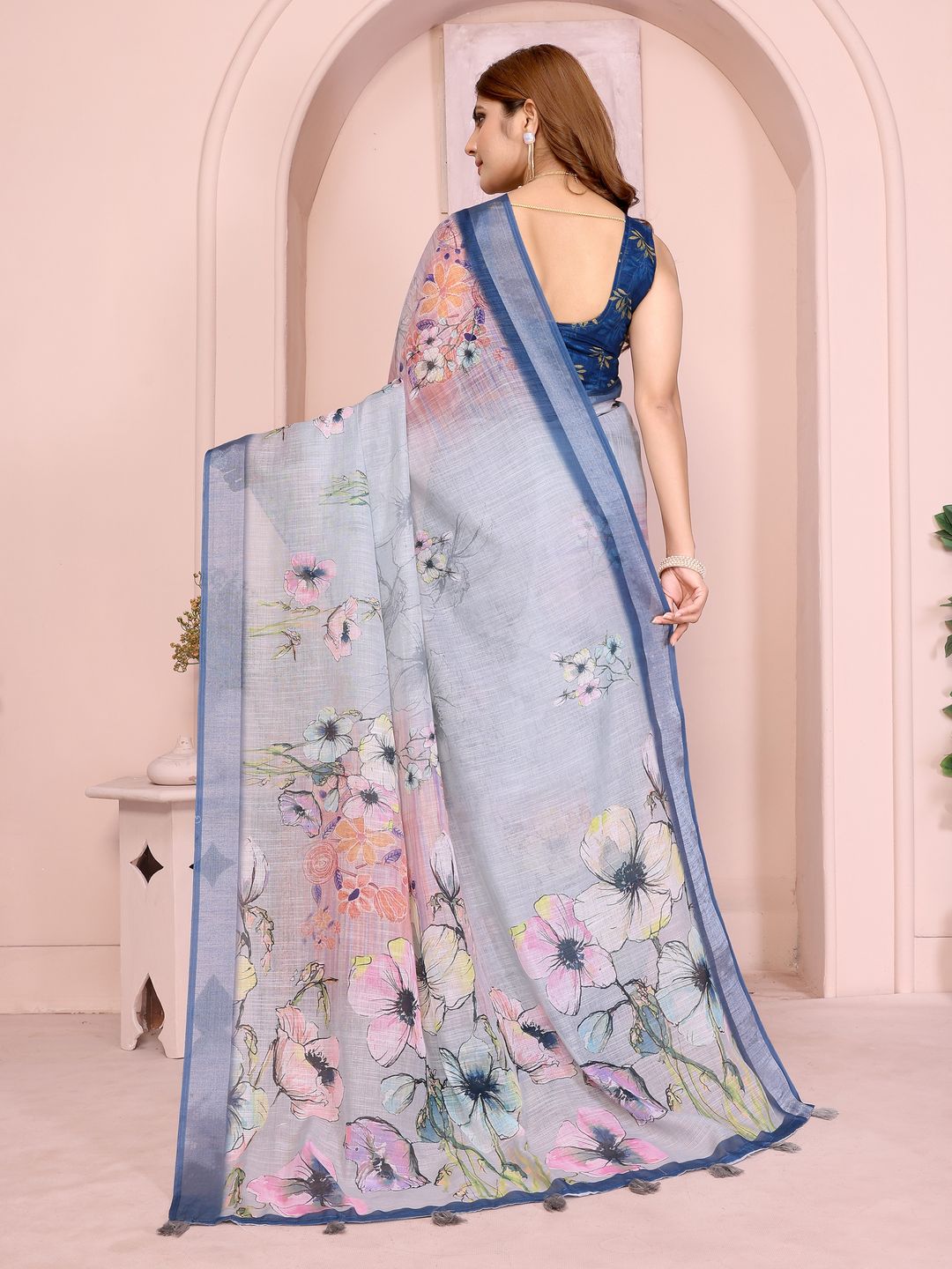 Sky Blue Floral Linen Cotton Saree with Elegant Blue Border