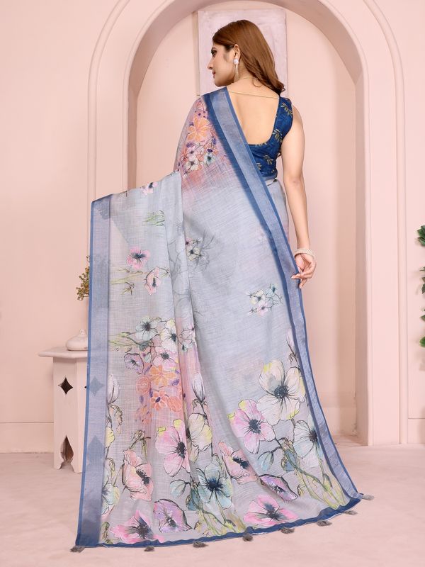 Sky Blue Floral Linen Cotton Saree with Elegant Blue Border