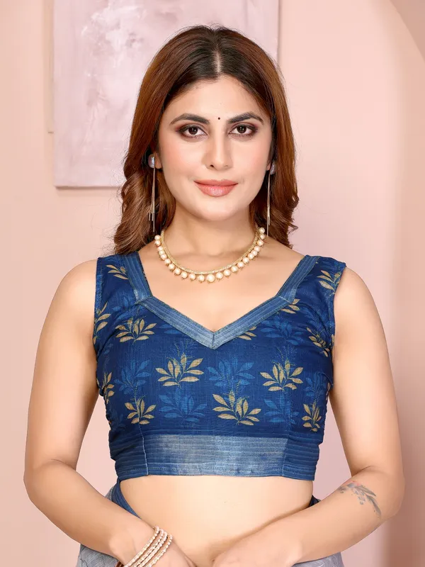 Sky Blue Floral Linen Cotton Saree with Elegant Blue Border