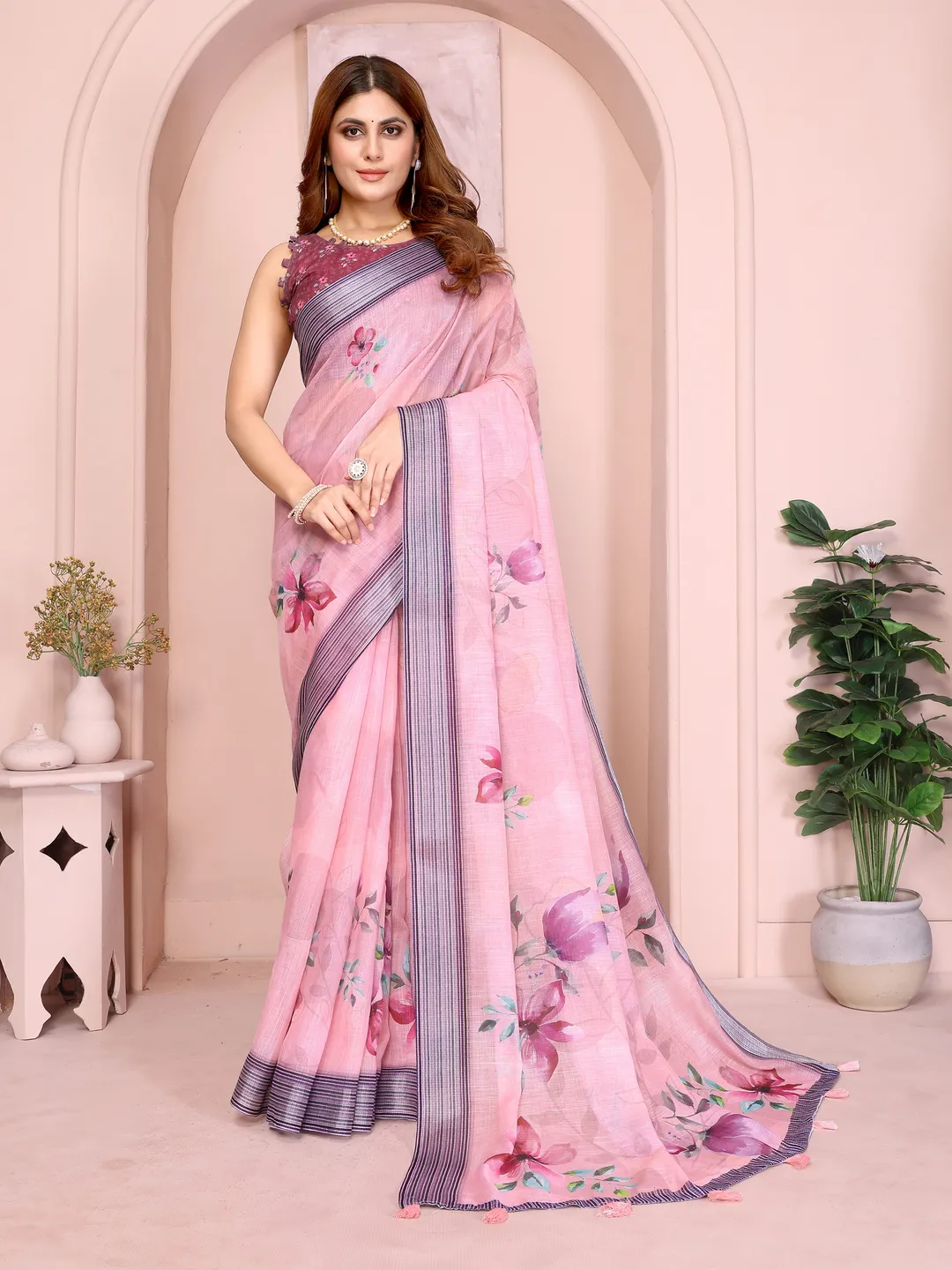 Pink Floral Linen Cotton Saree with Elegant Contrast Border