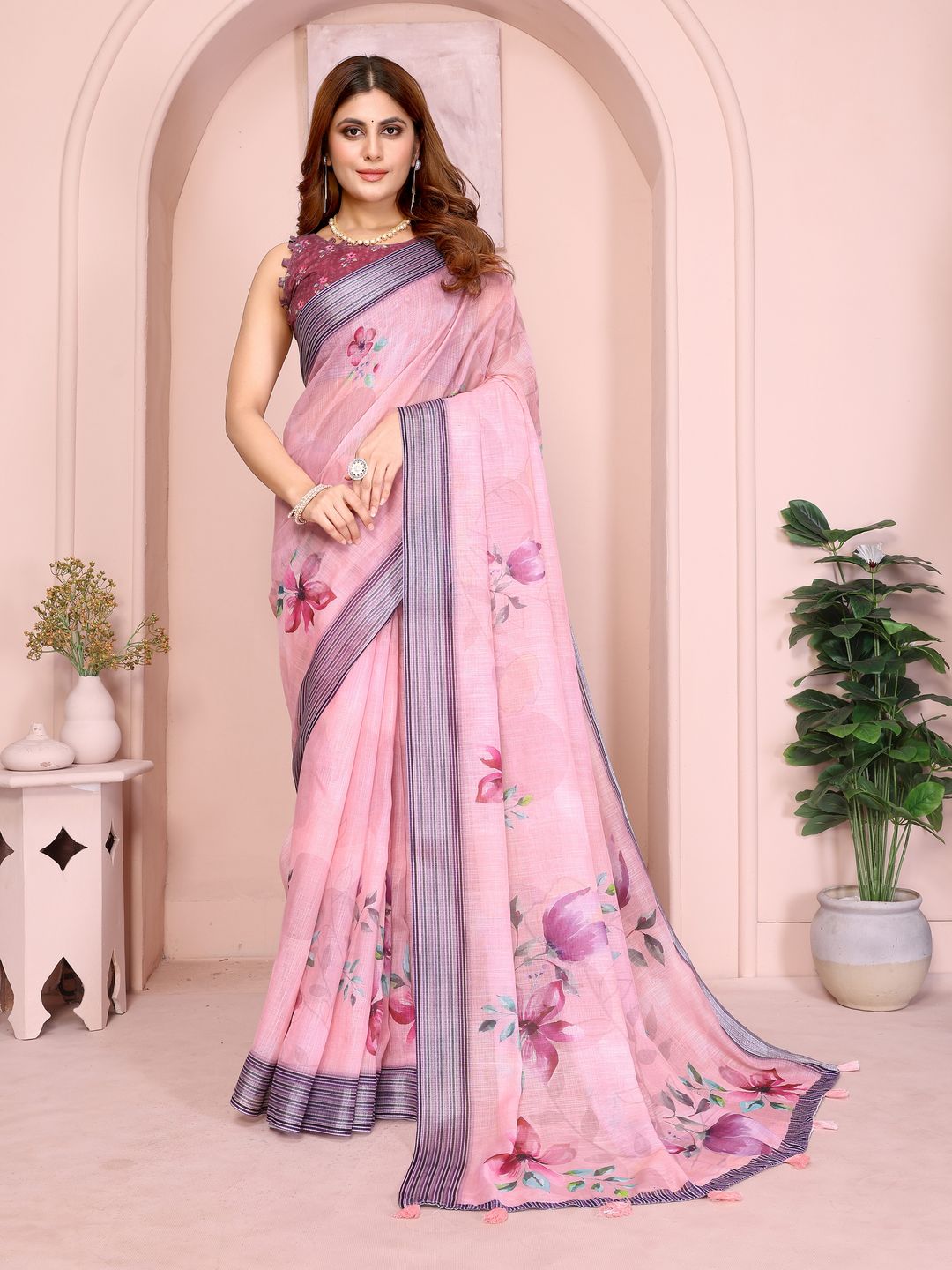 Pink Floral Linen Cotton Saree with Elegant Contrast Border