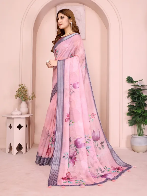 Pink Floral Linen Cotton Saree with Elegant Contrast Border