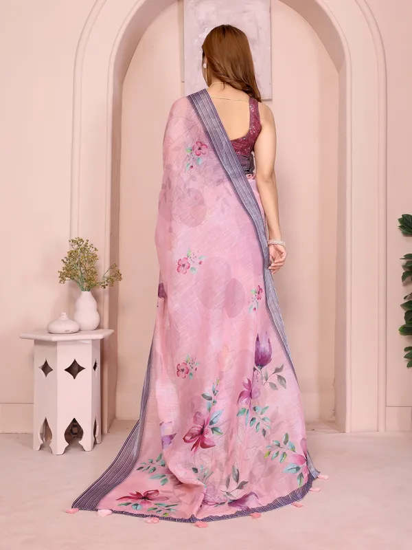 Pink Floral Linen Cotton Saree with Elegant Contrast Border