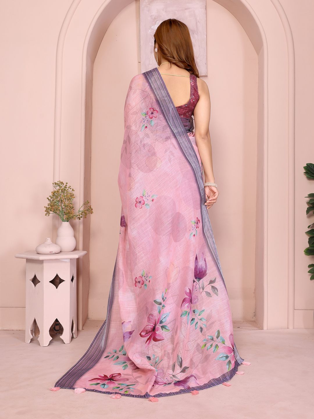 Pink Floral Linen Cotton Saree with Elegant Contrast Border