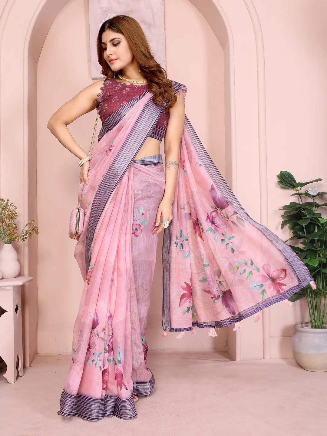 Pink Floral Linen Cotton Saree with Elegant Contrast Border