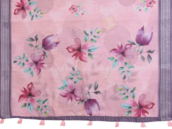Pink Floral Linen Cotton Saree with Elegant Contrast Border