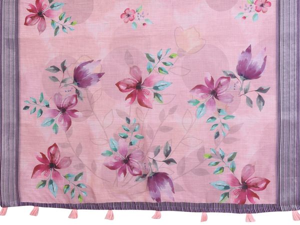 Pink Floral Linen Cotton Saree with Elegant Contrast Border