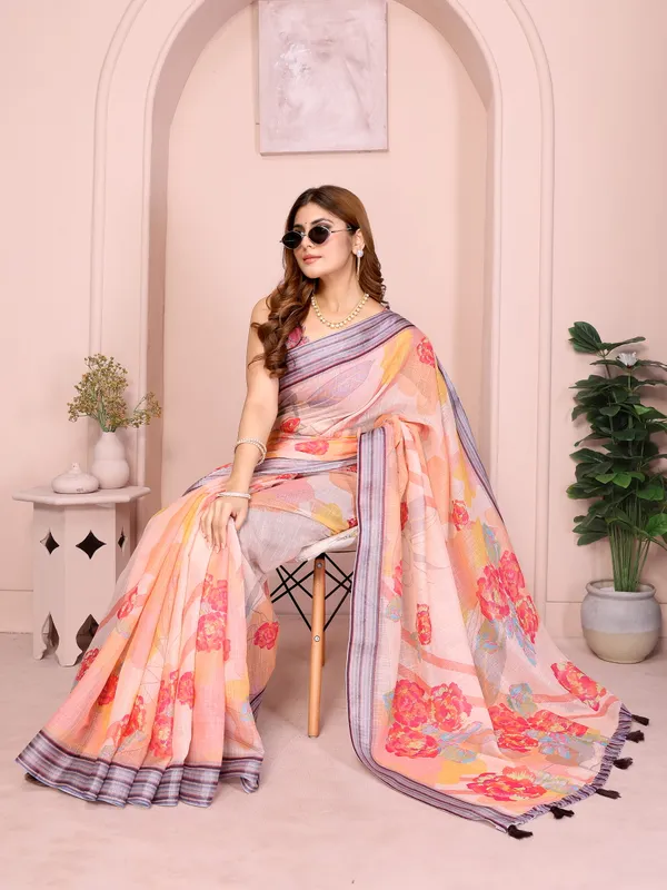 Peach Floral Linen Cotton Saree with Beautiful Blue Border