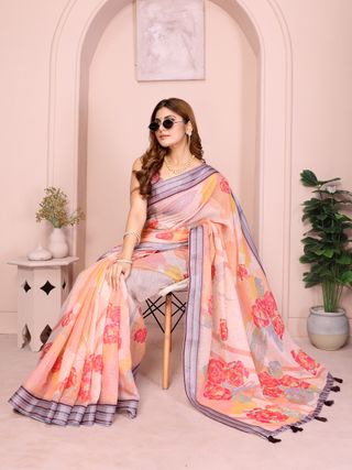 Peach Floral Linen Cotton Saree with Beautiful Blue Border