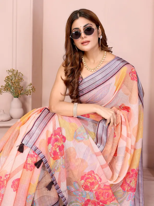 Peach Floral Linen Cotton Saree with Beautiful Blue Border