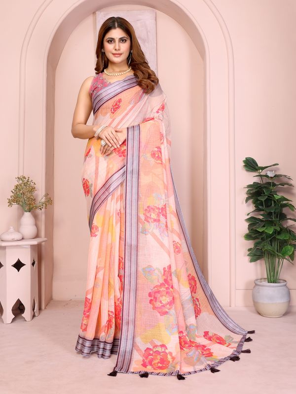 Peach Floral Linen Cotton Saree with Beautiful Blue Border
