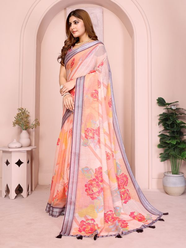 Peach Floral Linen Cotton Saree with Beautiful Blue Border