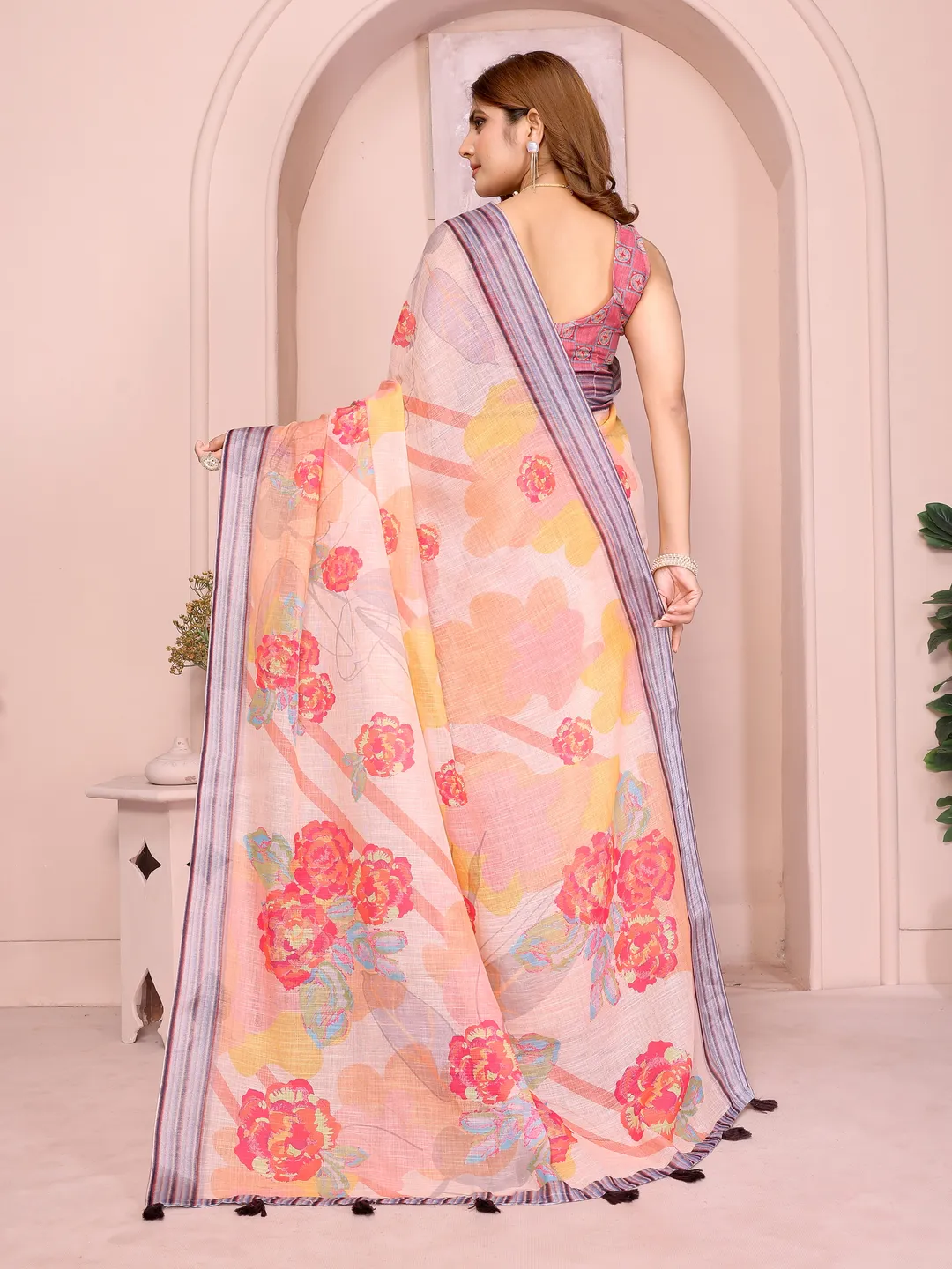 Peach Floral Linen Cotton Saree with Beautiful Blue Border