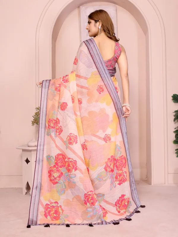 Peach Floral Linen Cotton Saree with Beautiful Blue Border