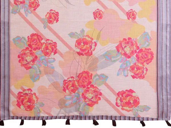 Peach Floral Linen Cotton Saree with Beautiful Blue Border