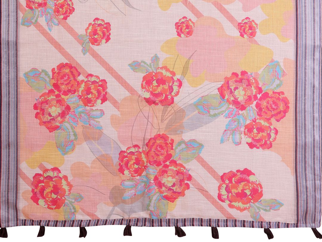 Peach Floral Linen Cotton Saree with Beautiful Blue Border