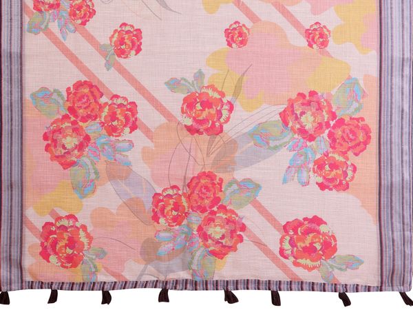 Peach Floral Linen Cotton Saree with Beautiful Blue Border
