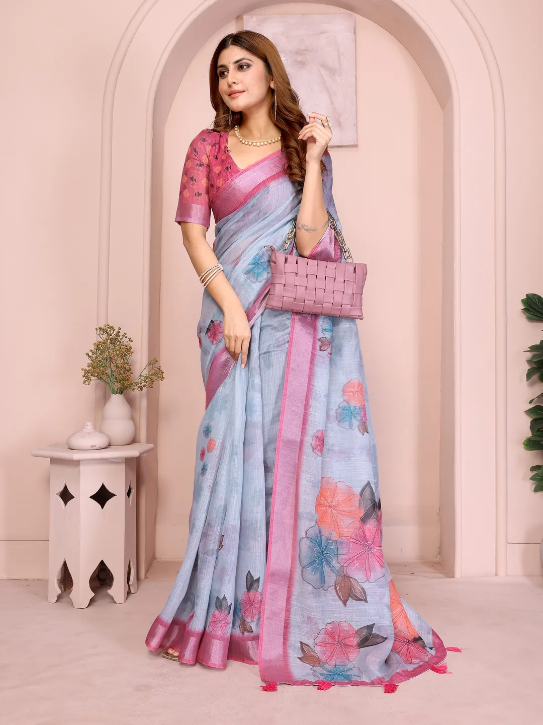Pink & Blue Floral Linen Cotton Saree with Contrast Border!