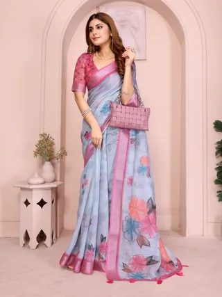 Pink & Blue Floral Linen Cotton Saree with Contrast Border!