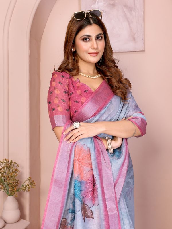 Pink & Blue Floral Linen Cotton Saree with Contrast Border!