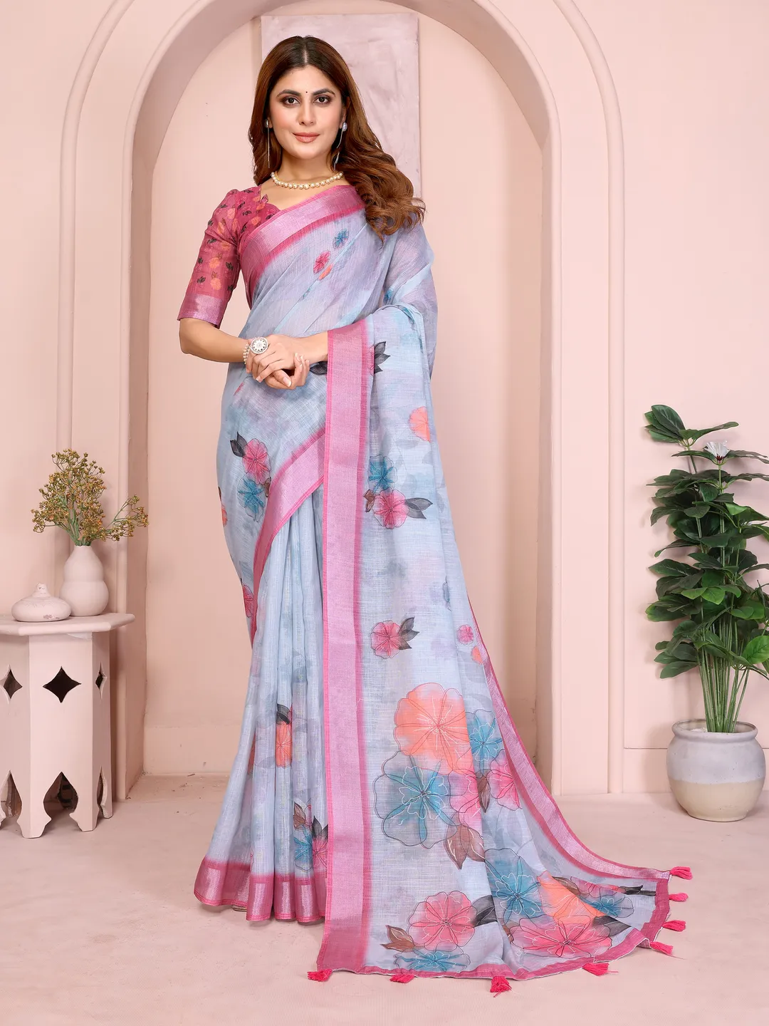 Pink & Blue Floral Linen Cotton Saree with Contrast Border!