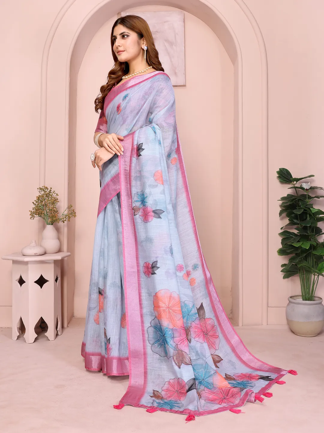 Pink & Blue Floral Linen Cotton Saree with Contrast Border!