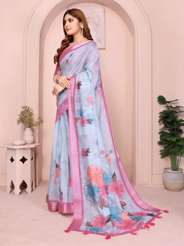 Pink & Blue Floral Linen Cotton Saree with Contrast Border!