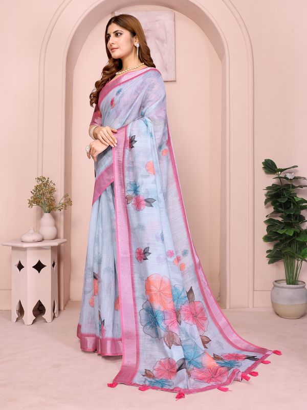 Pink & Blue Floral Linen Cotton Saree with Contrast Border!