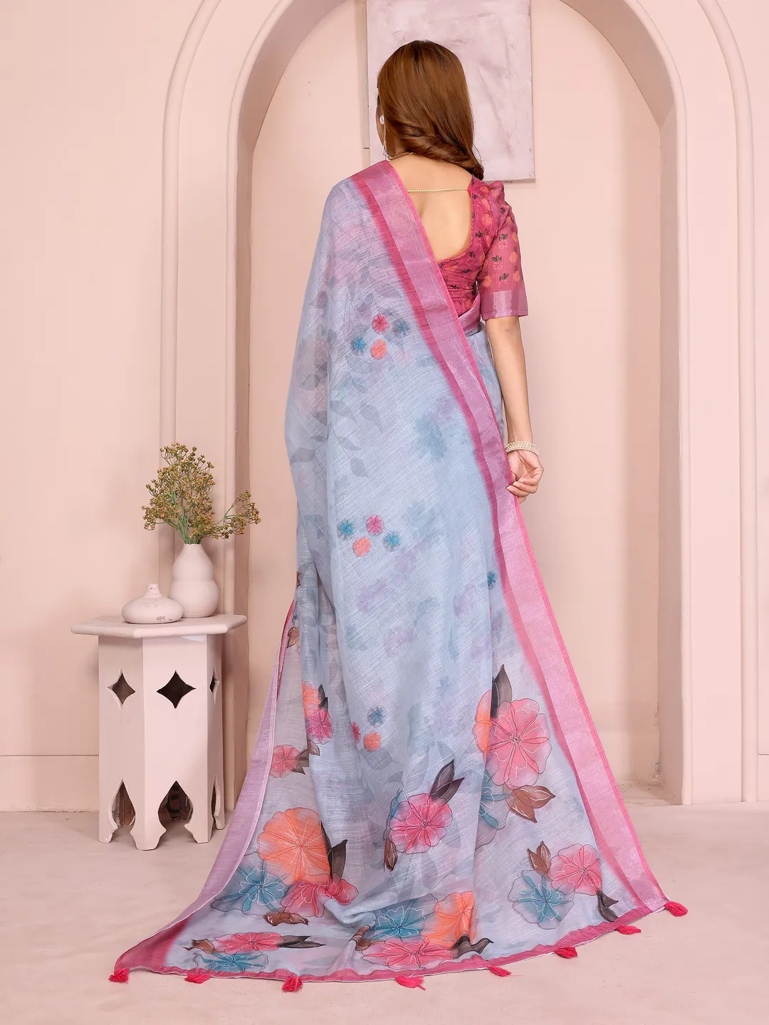 Pink & Blue Floral Linen Cotton Saree with Contrast Border!