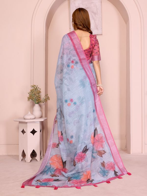 Pink & Blue Floral Linen Cotton Saree with Contrast Border!
