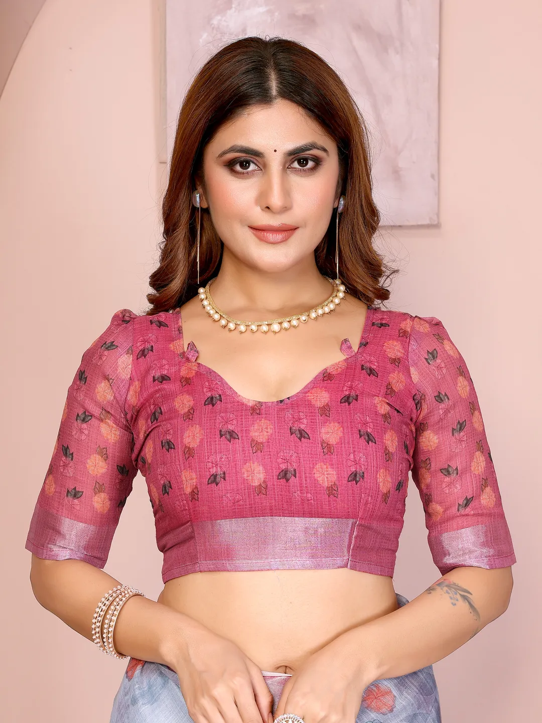 Pink & Blue Floral Linen Cotton Saree with Contrast Border!