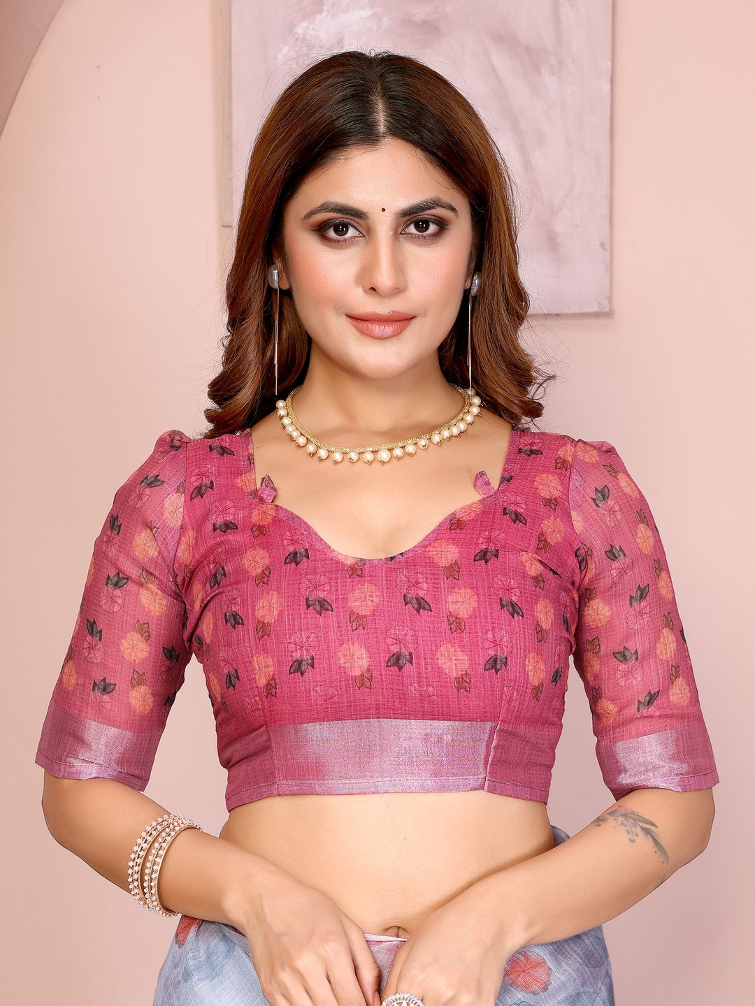 Pink & Blue Floral Linen Cotton Saree with Contrast Border!