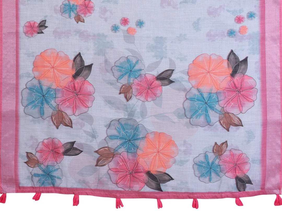 Pink & Blue Floral Linen Cotton Saree with Contrast Border!