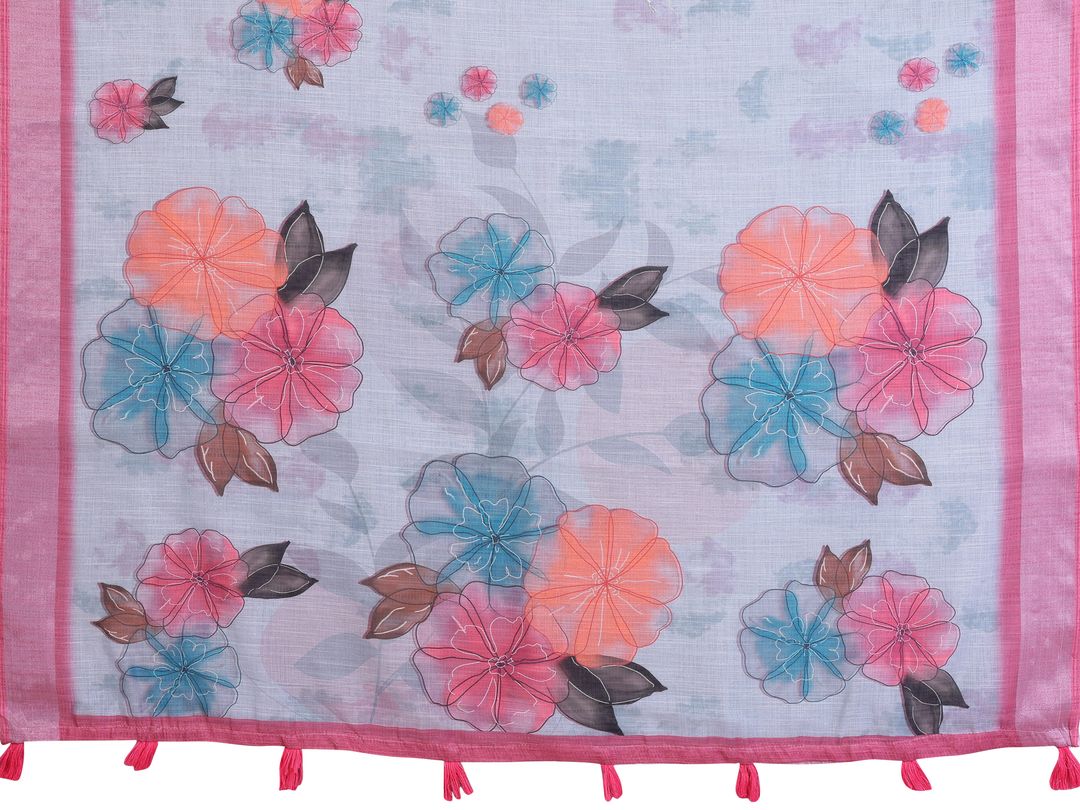 Pink & Blue Floral Linen Cotton Saree with Contrast Border!