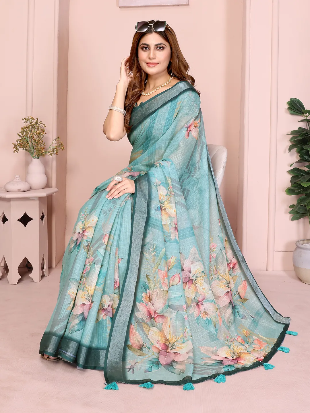 Teal Floral Linen Cotton Saree with Elegant Contrast Border
