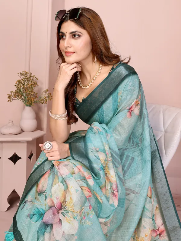 Teal Floral Linen Cotton Saree with Elegant Contrast Border