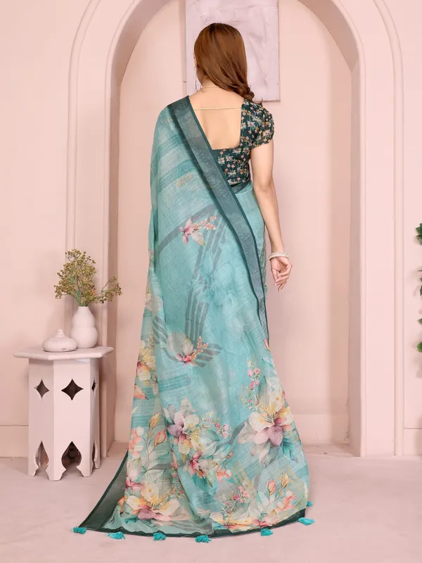 Teal Floral Linen Cotton Saree with Elegant Contrast Border