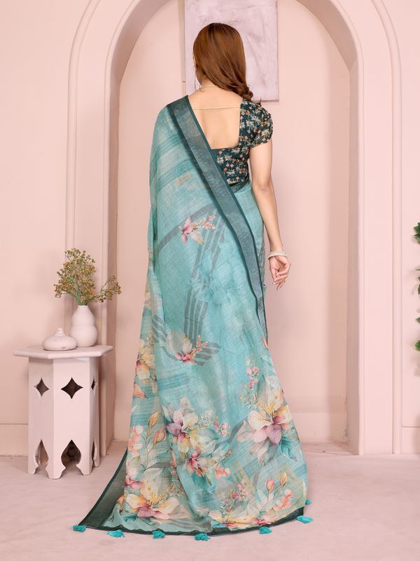 Teal Floral Linen Cotton Saree with Elegant Contrast Border