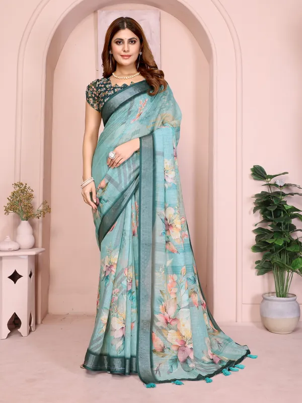 Teal Floral Linen Cotton Saree with Elegant Contrast Border