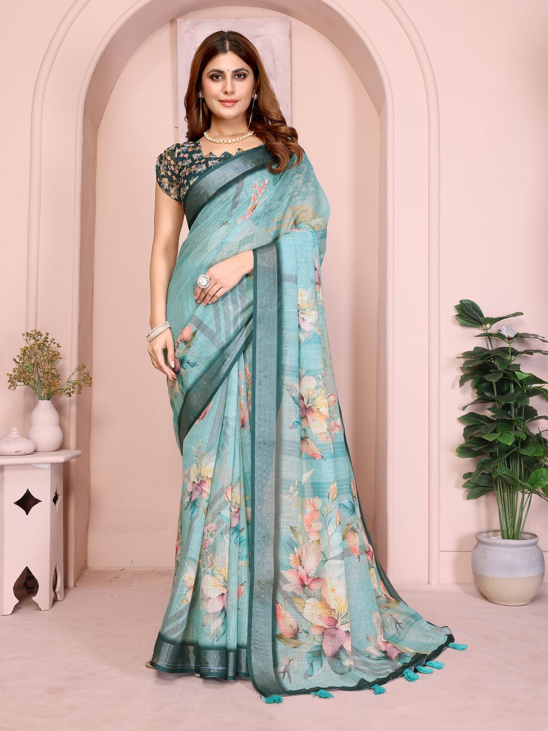 Teal Floral Linen Cotton Saree with Elegant Contrast Border