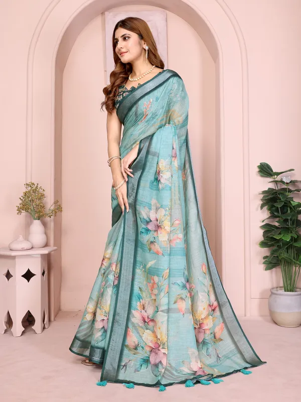 Teal Floral Linen Cotton Saree with Elegant Contrast Border