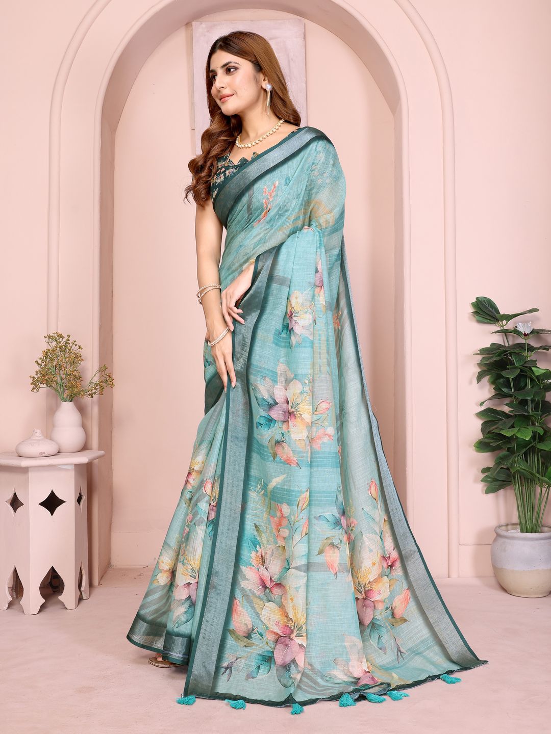 Teal Floral Linen Cotton Saree with Elegant Contrast Border
