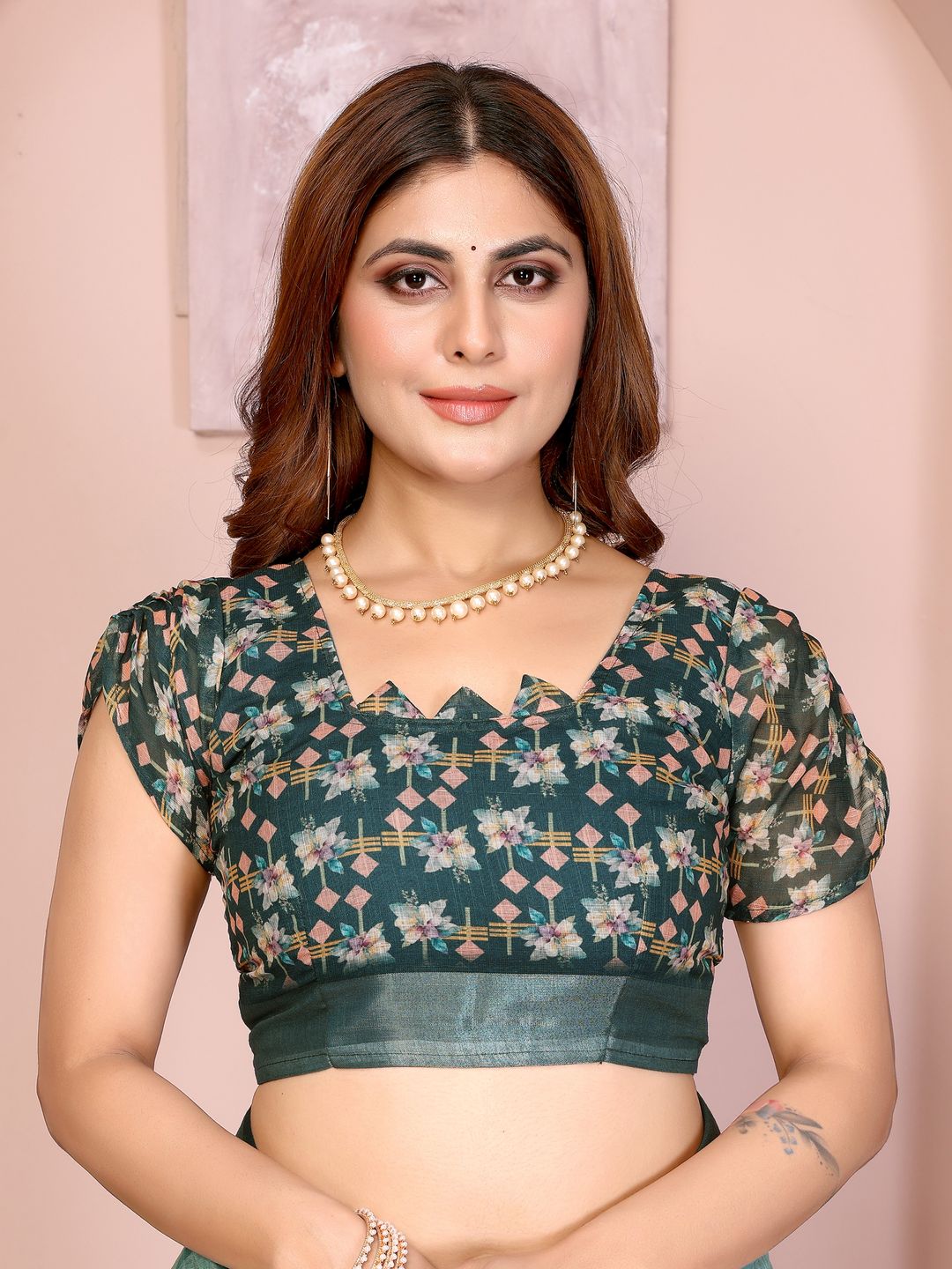 Teal Floral Linen Cotton Saree with Elegant Contrast Border