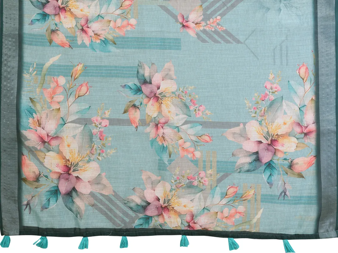 Teal Floral Linen Cotton Saree with Elegant Contrast Border